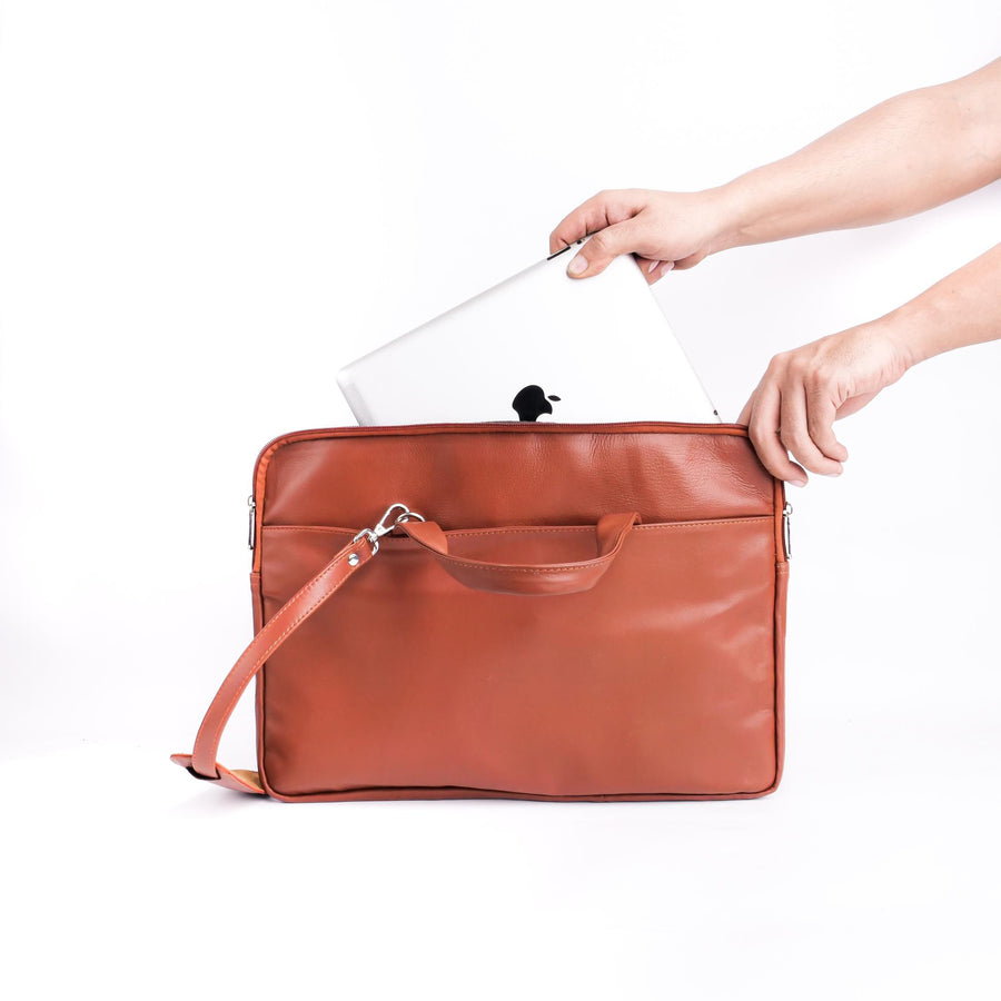 The Founder Ultra Slim Leather Laptop Bag-Tan Brown