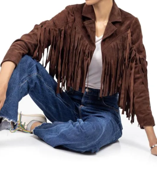 Women's Brown Lambskin Suede Leather Jacket with Fringe Detailing