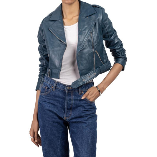 Womens Blue Cropped Leather Jacket