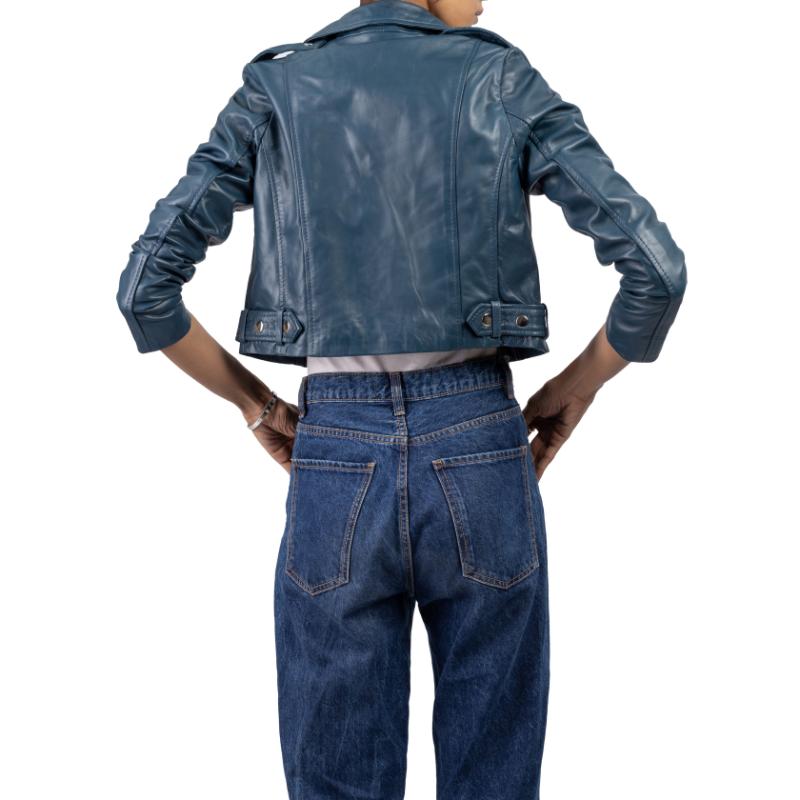 Womens Blue Cropped Leather Jacket