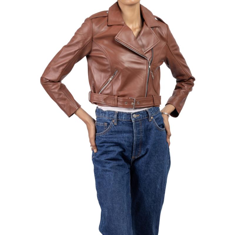 Womens Cognac Cropped Leather Jacket