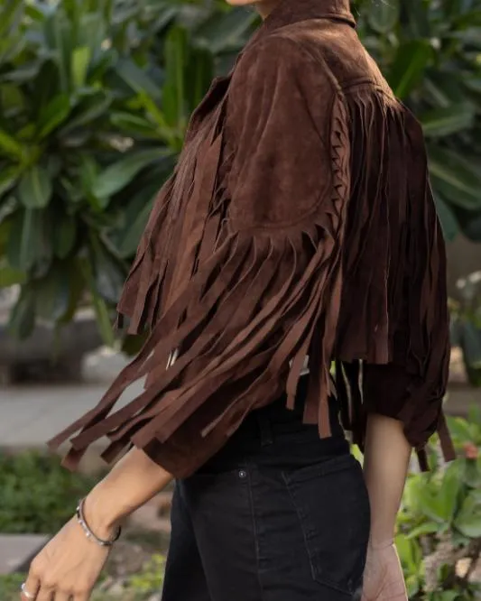 Women's Brown Lambskin Suede Leather Jacket with Fringe Detailing