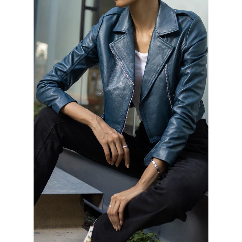 Womens Blue Cropped Leather Jacket