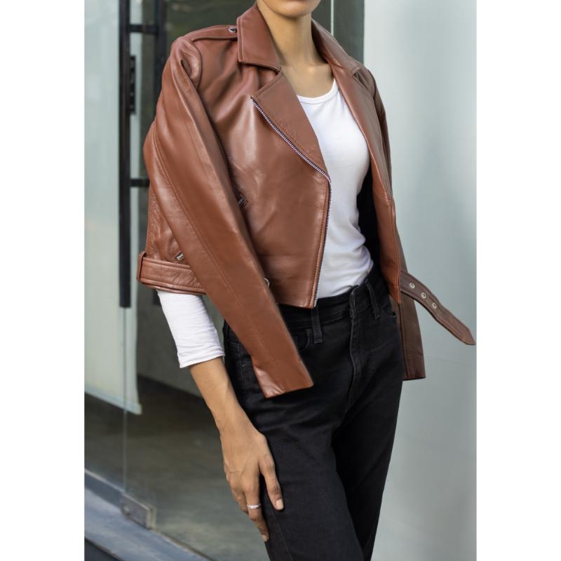 Womens Cognac Cropped Leather Jacket