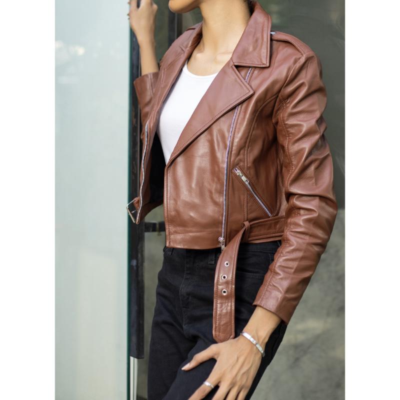 Womens Cognac Cropped Leather Jacket