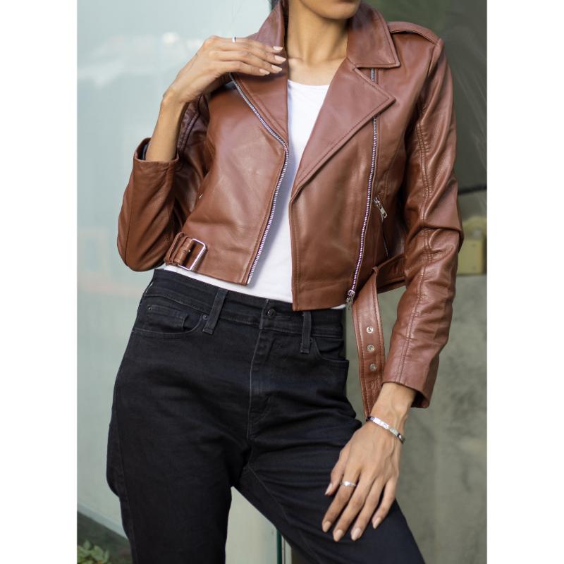 Womens Cognac Cropped Leather Jacket