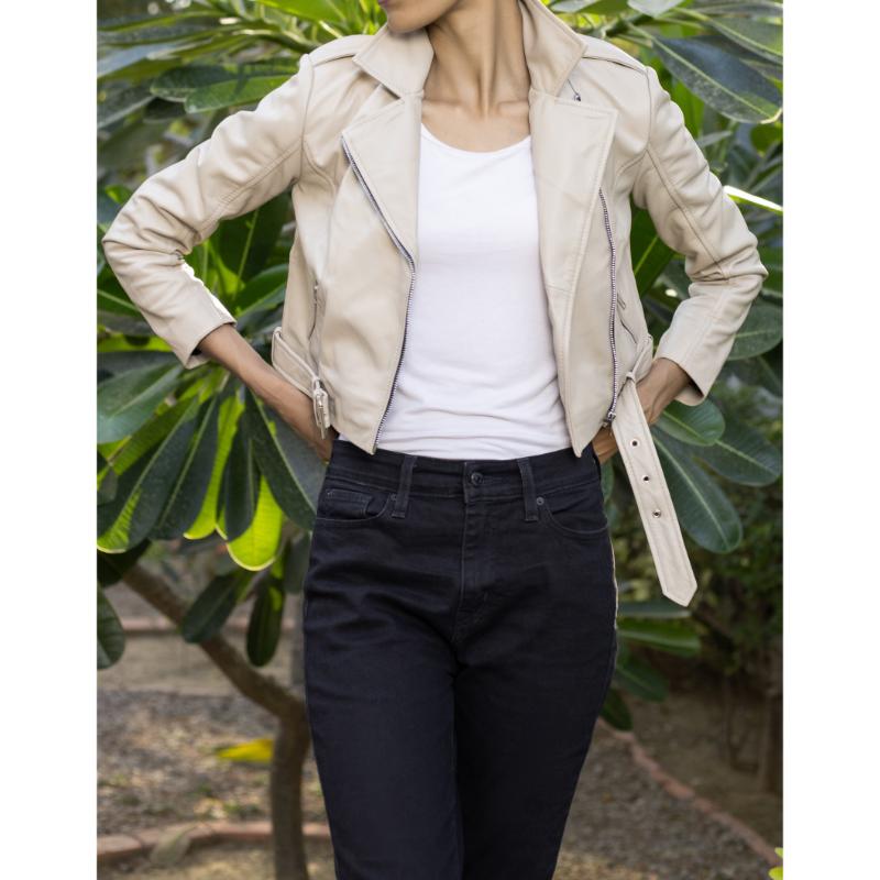 Womens Ash White Cropped Leather Jacket