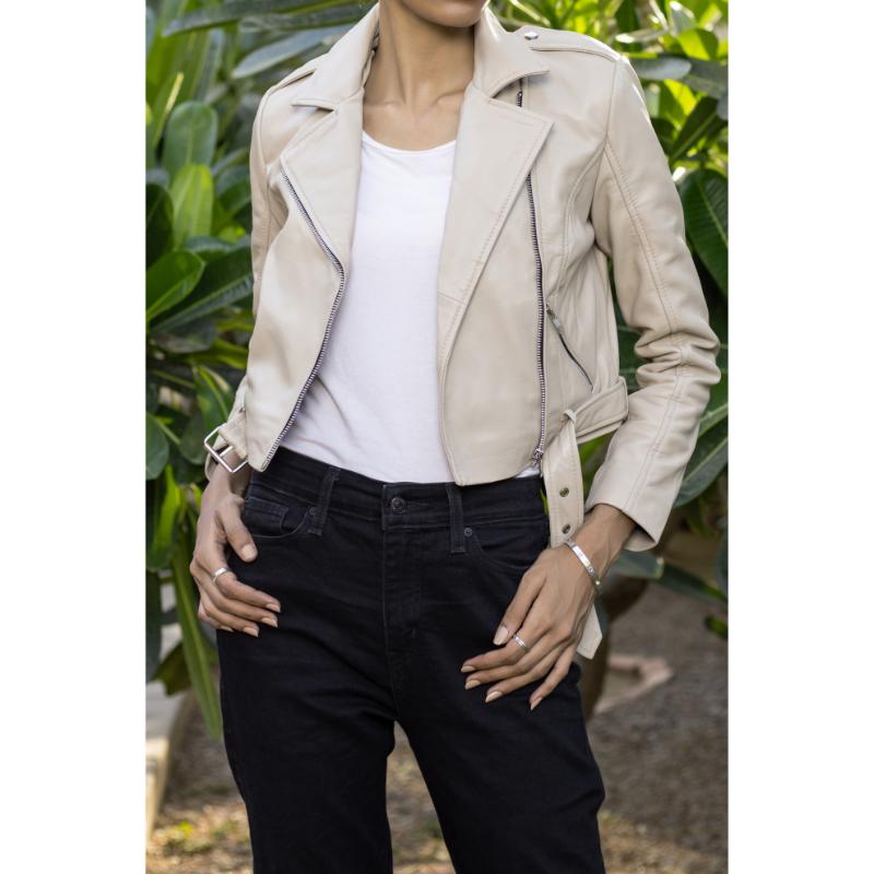 Womens Ash White Cropped Leather Jacket