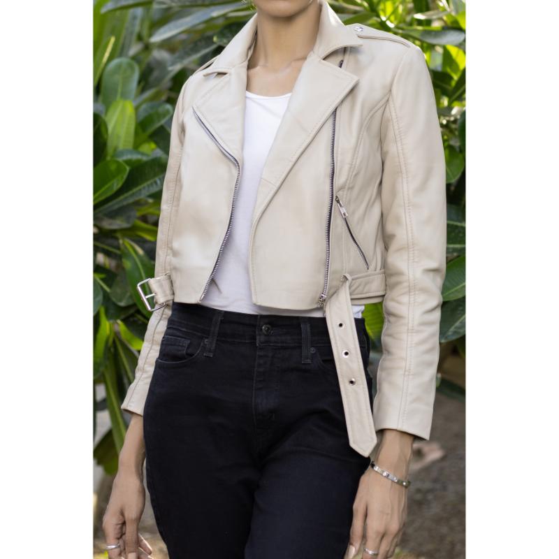 Womens Ash White Cropped Leather Jacket