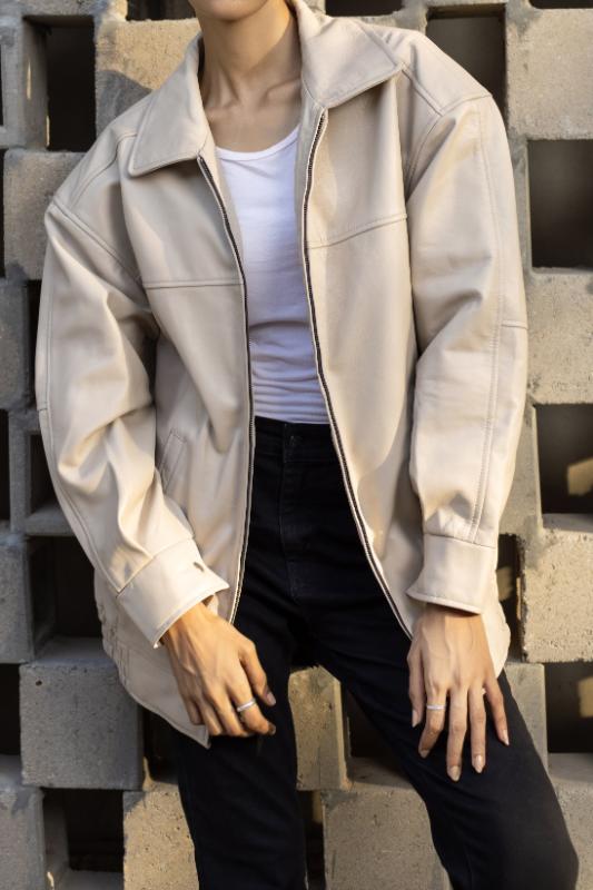 Womens Oversized Ash White Leather Jacket