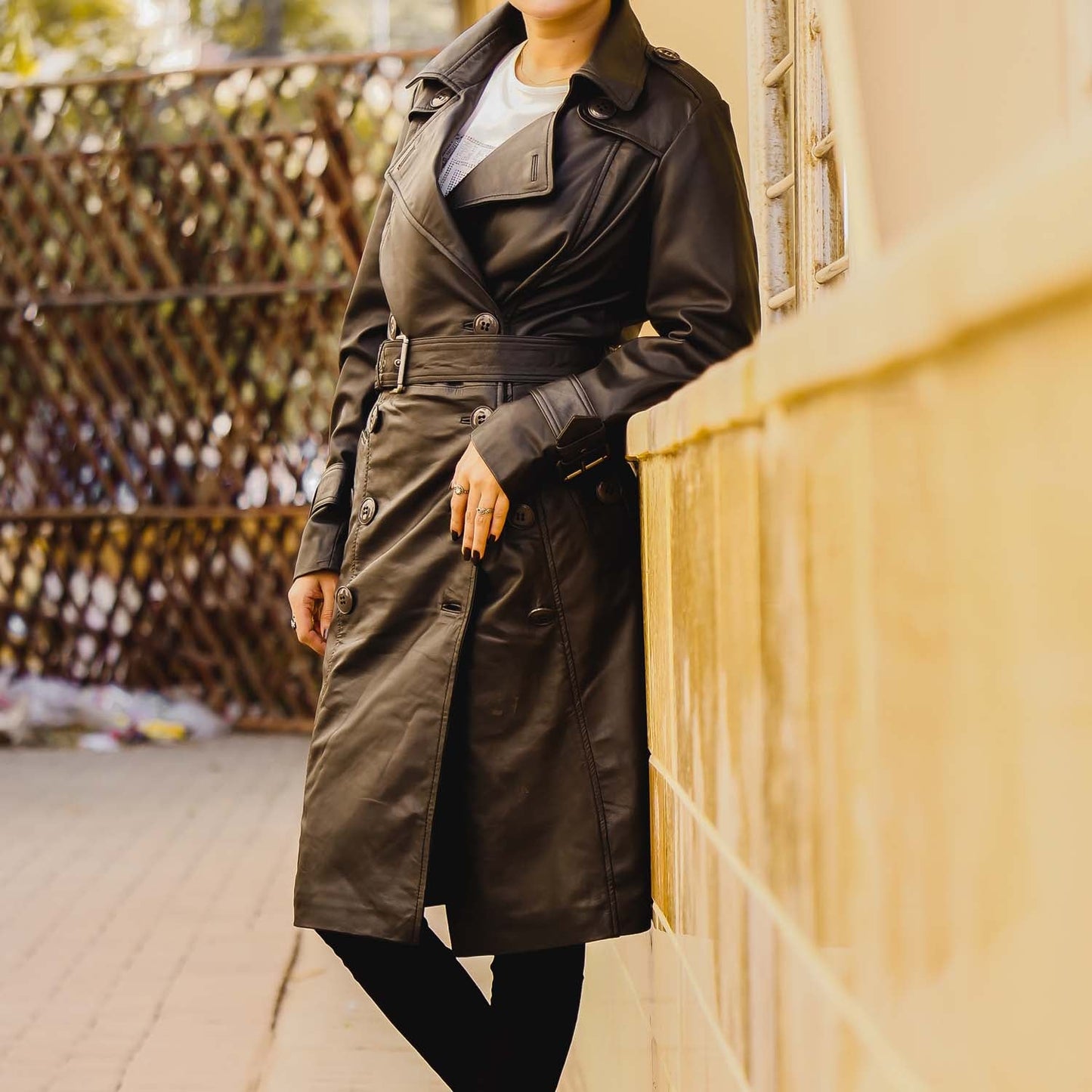 Women 's Double Breasted Black Leather Trench Coat