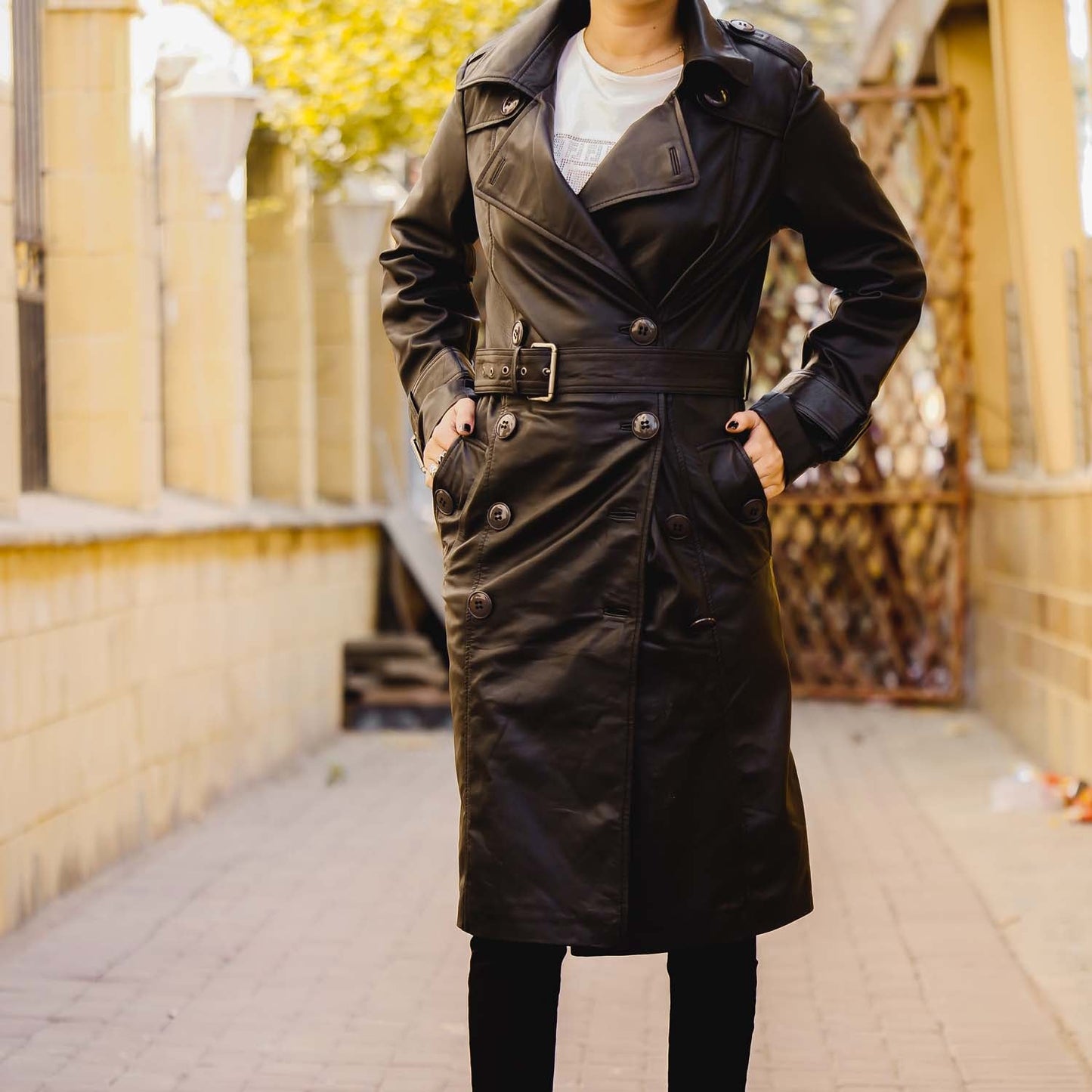 Women 's Double Breasted Black Leather Trench Coat
