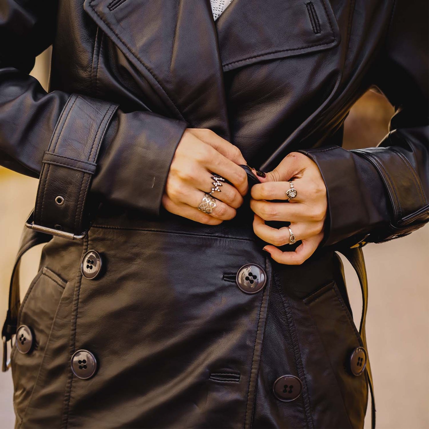 Women 's Double Breasted Black Leather Trench Coat