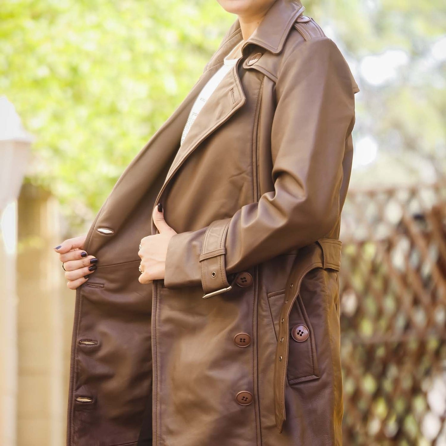 Women 's Double Breasted Brown Leather Trench Coat