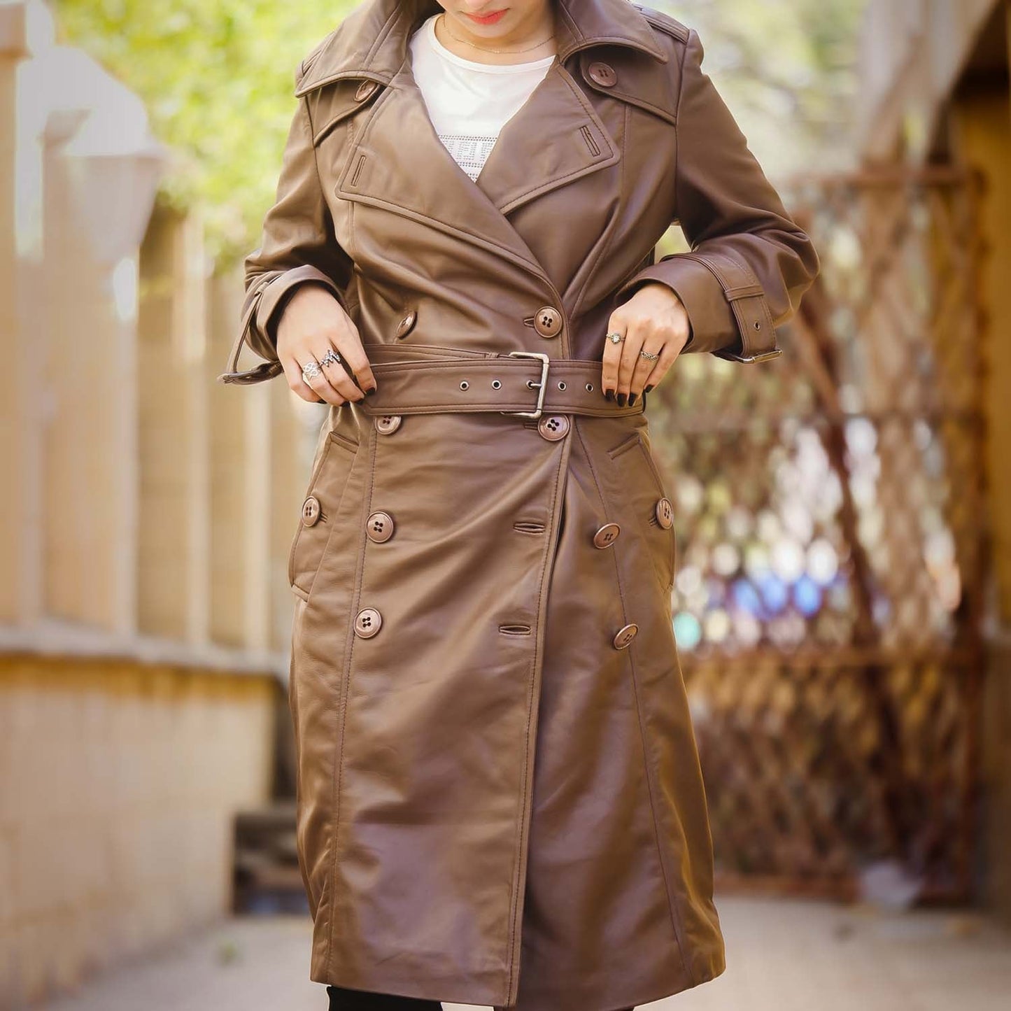 Women 's Double Breasted Brown Leather Trench Coat