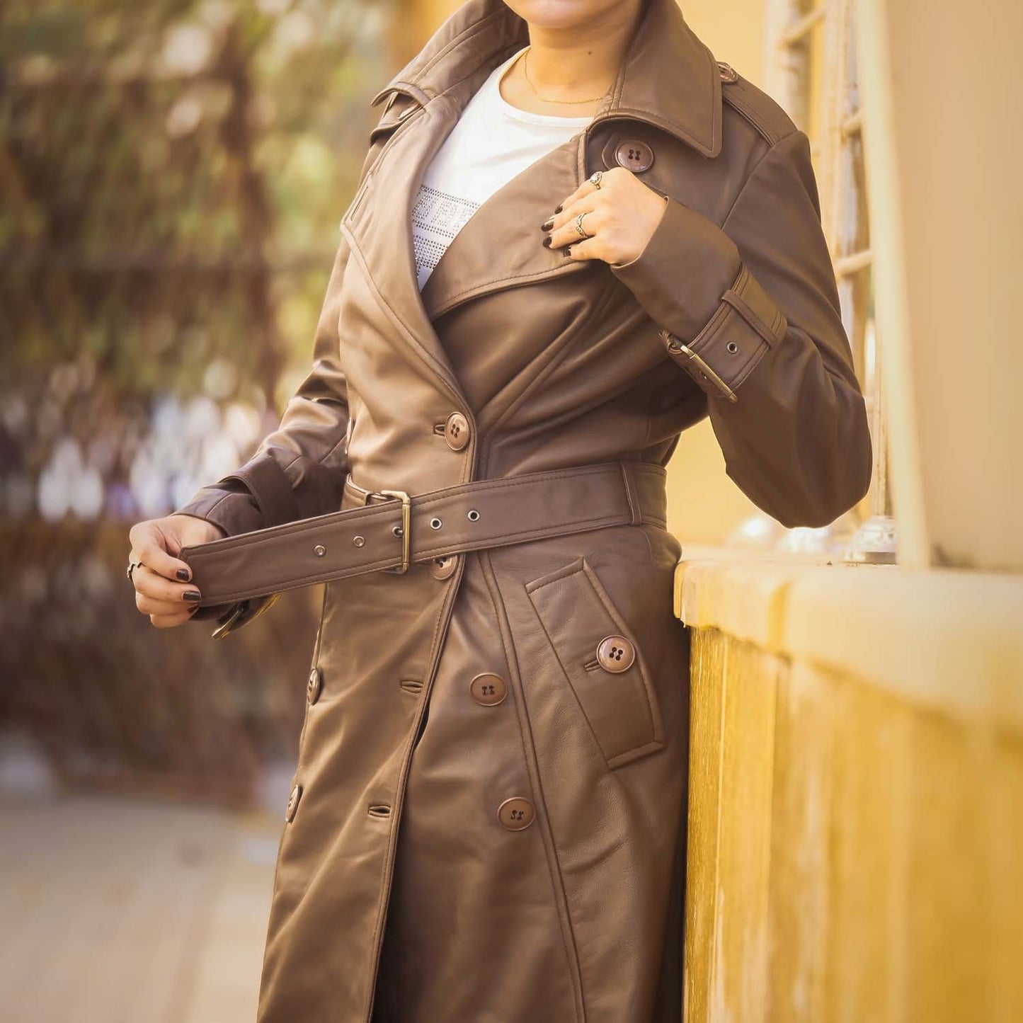 Women 's Double Breasted Brown Leather Trench Coat