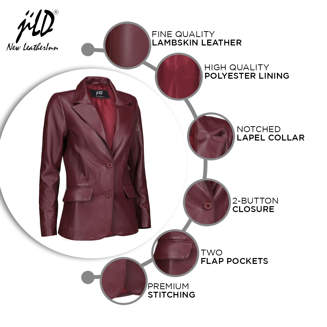 Women's Jild Classic Lambskin Burgundy Leather Blazer Jacket