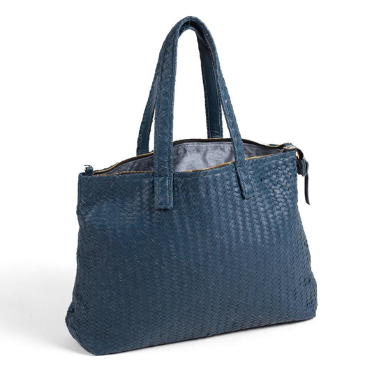 Handmade Woven Original Leather Bag With Zipper-Blue