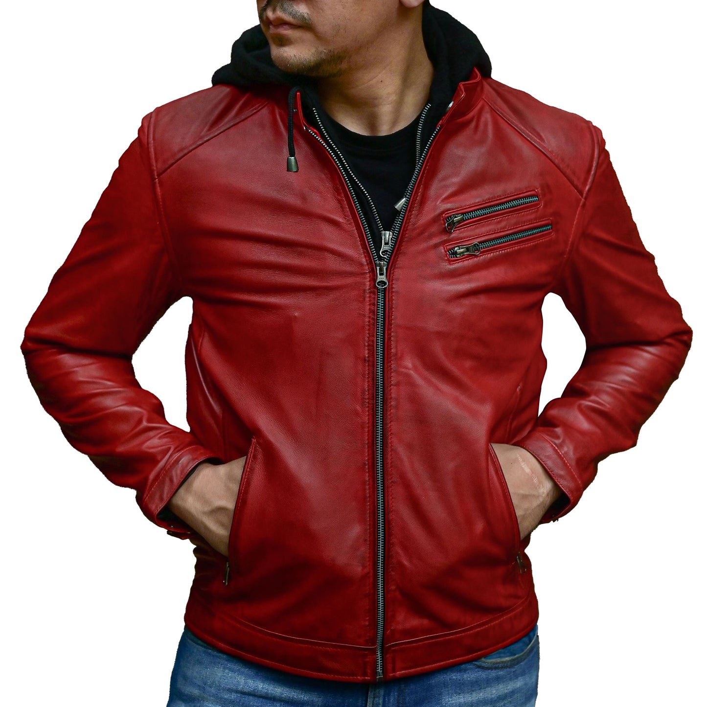 Jild Casual Hooded Vintage Leather Jacket Men with Removable Hood