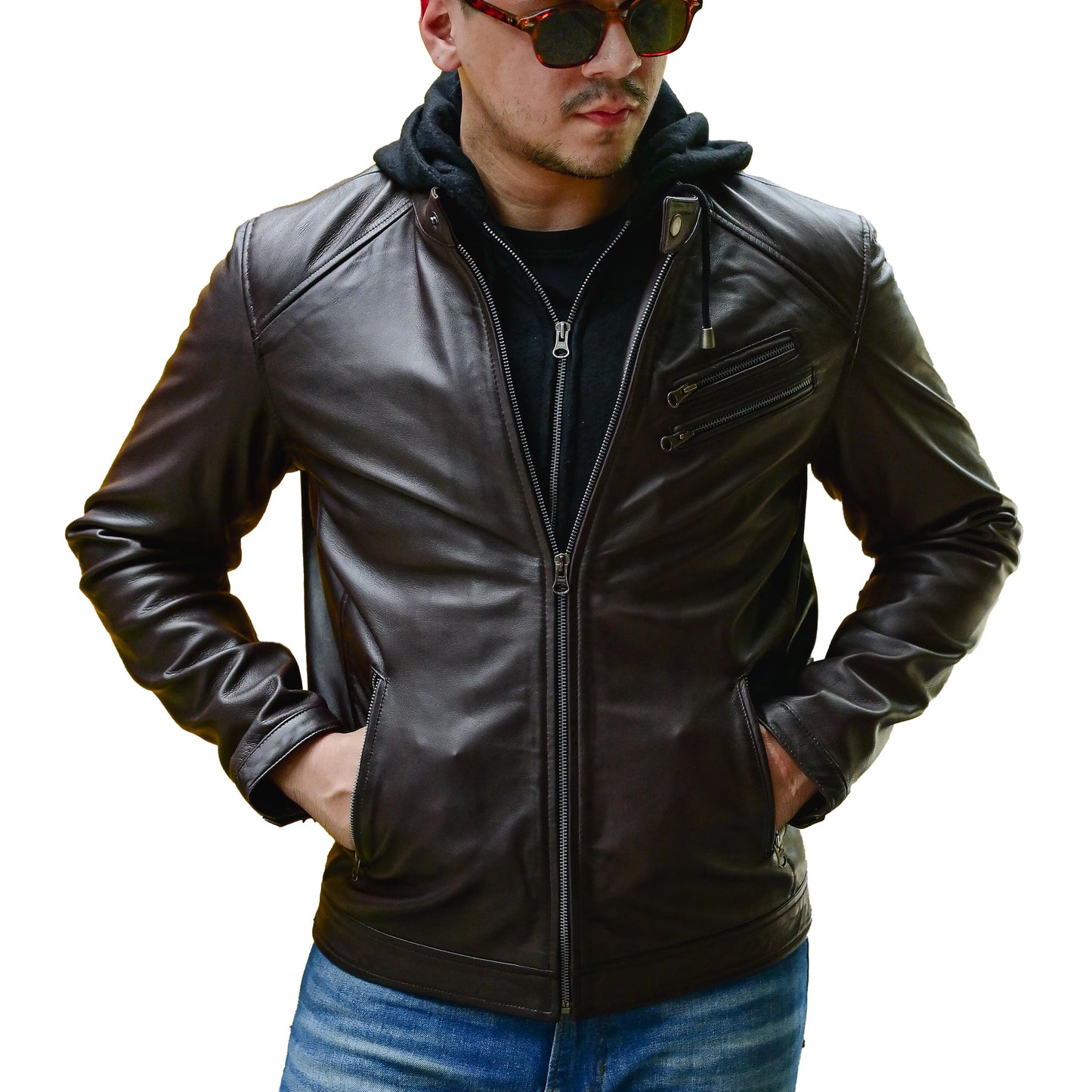 Jild Casual Hooded Vintage Leather Jacket Men with Removable Hood