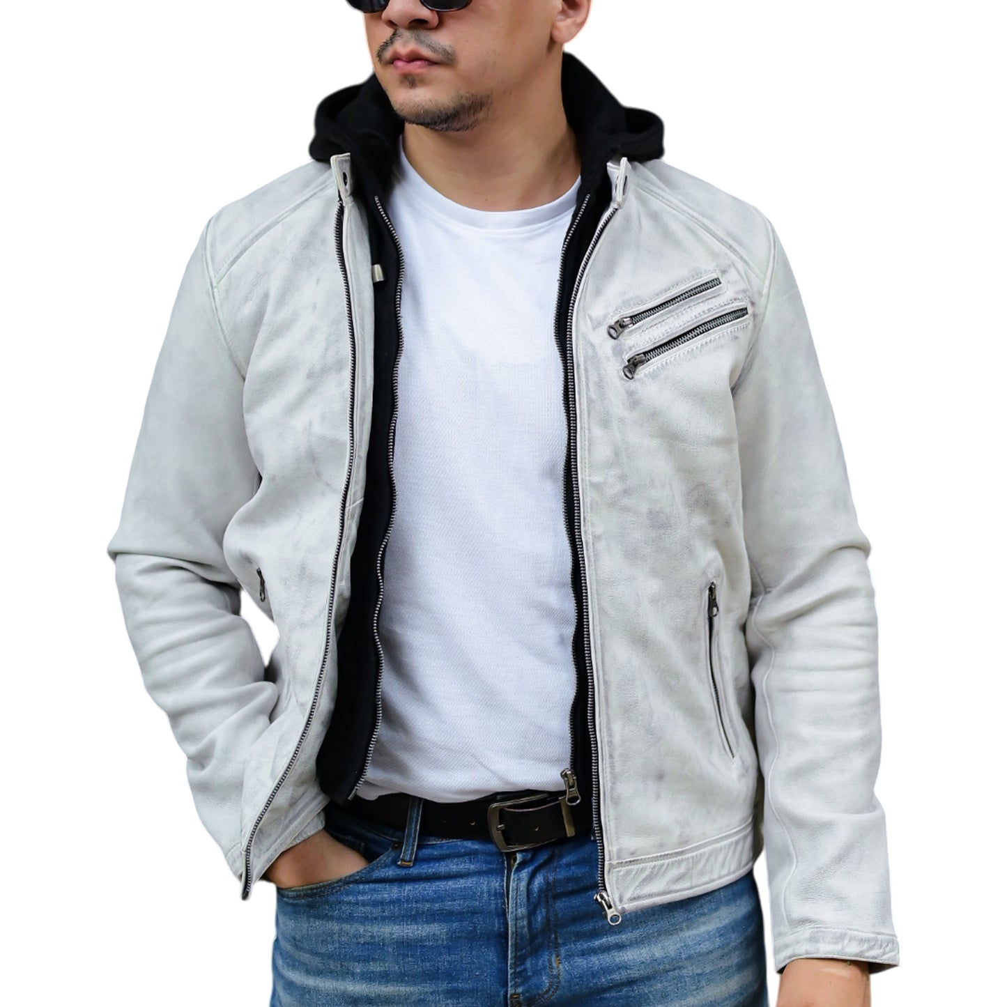 Jild Casual Hooded Vintage Leather Jacket Men with Removable Hood