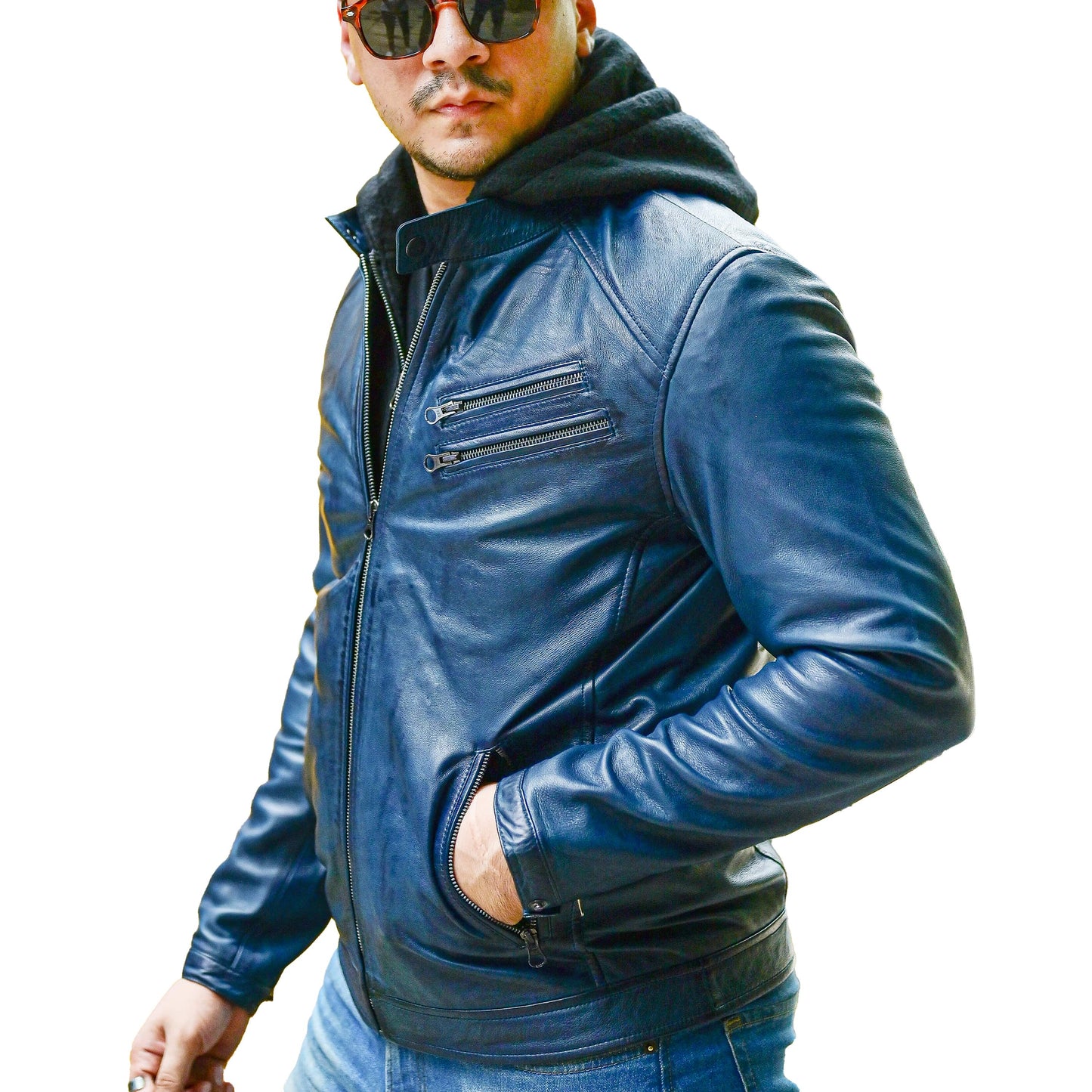 Jild Casual Hooded Vintage Leather Jacket Men with Removable Hood