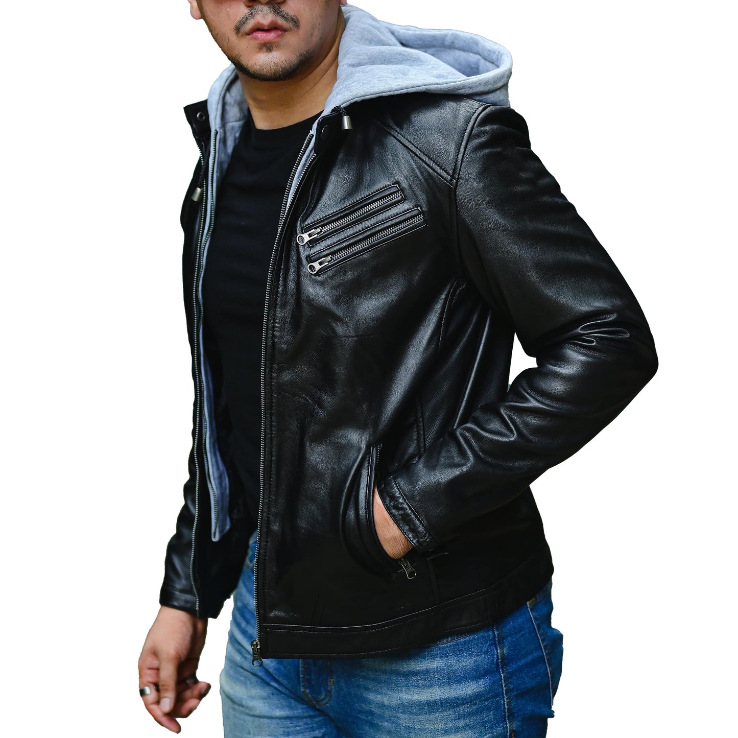 Jild Casual Hooded Vintage Leather Jacket Men with Removable Hood