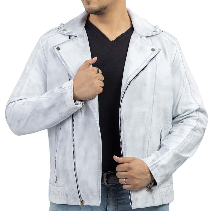 Biker Style Vintage Leather Jacket Men - Casual Fashion Asymmetric Zip-Up Cafe`Racer Waxed Lambskin Leather Motorcycle Jacket