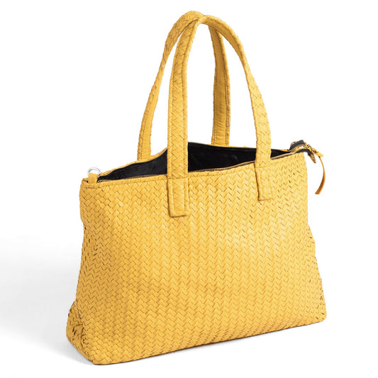 Handmade Woven Original Leather Bag With Zipper-Yellow