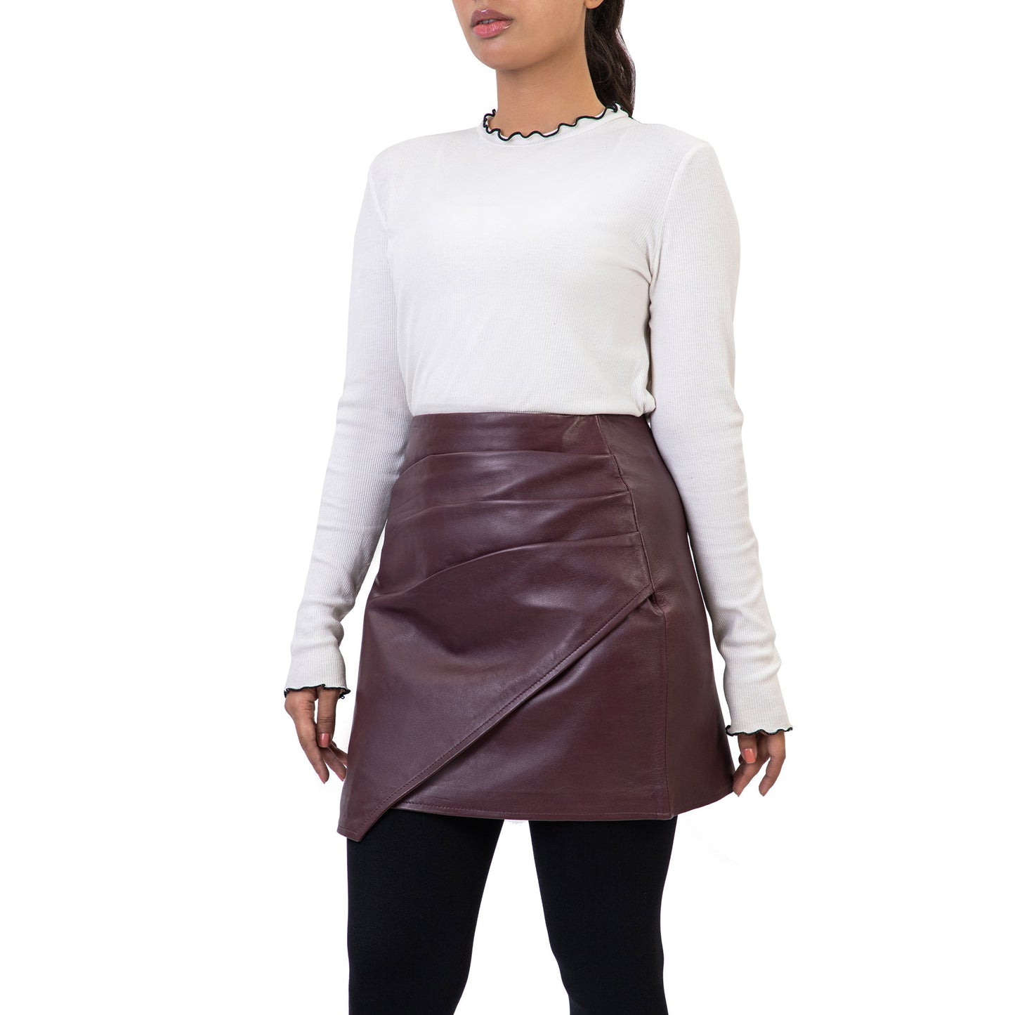 Pleated Ruched Wrap High Waisted Womens Real Leather Skirt