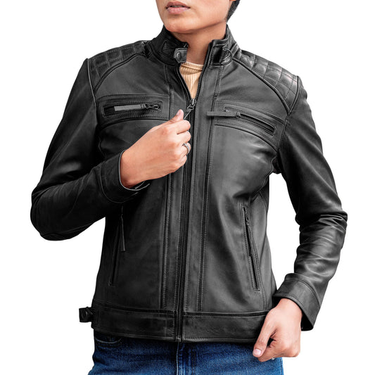 Women’s Quilted Lambskin Leather Jacket  Cafe Racer Style