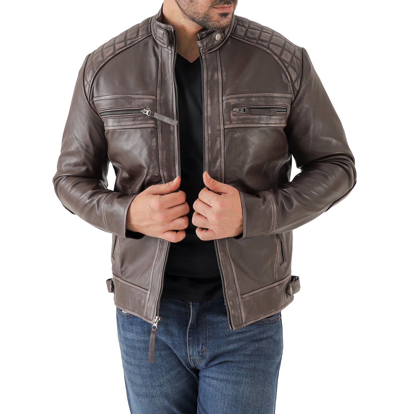 Men’s Vintage Brown Diamond Lambskin Leather Biker Jacket