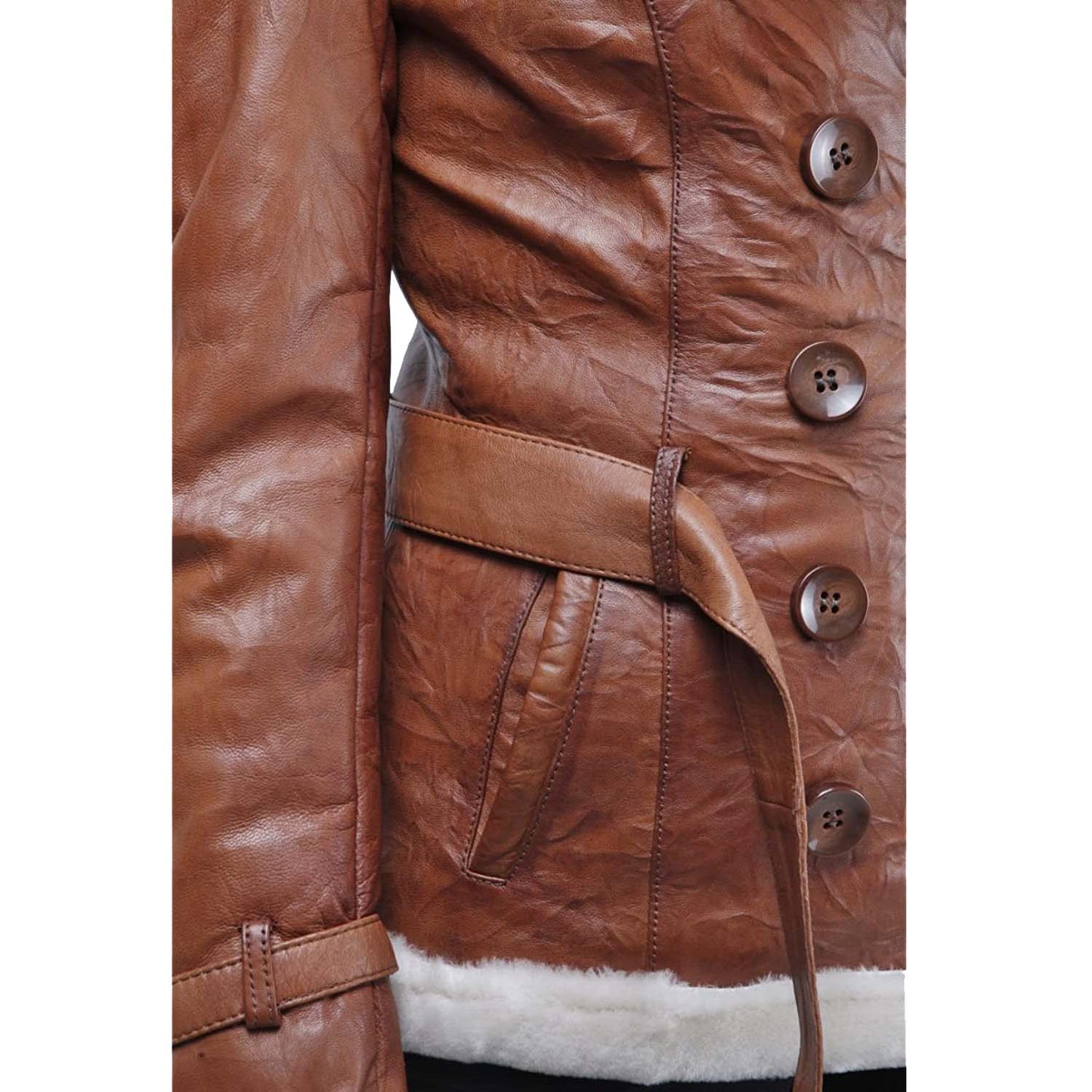 Women’s Tan Double Breasted Real Shearling Leather Jacket