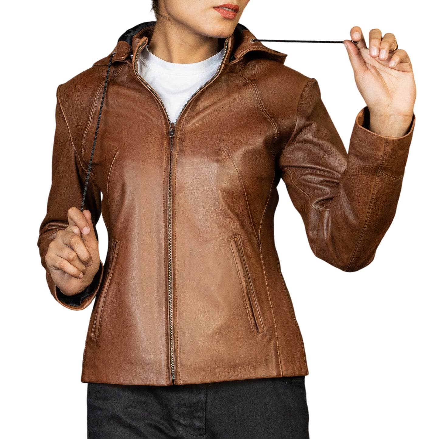 brown leather jacket with strings 