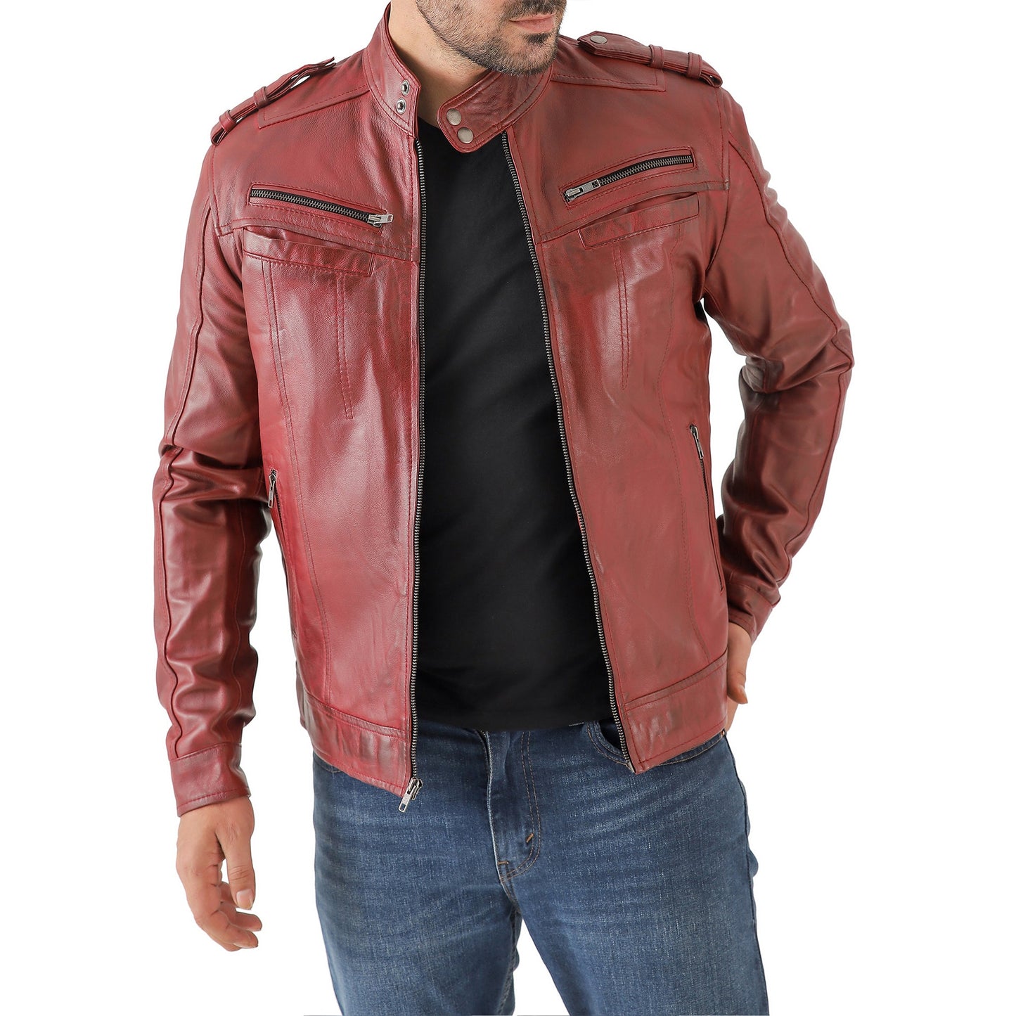 Men’s Waxed Leather Biker Jacket – Vintage Style with Shoulder Epaulettes