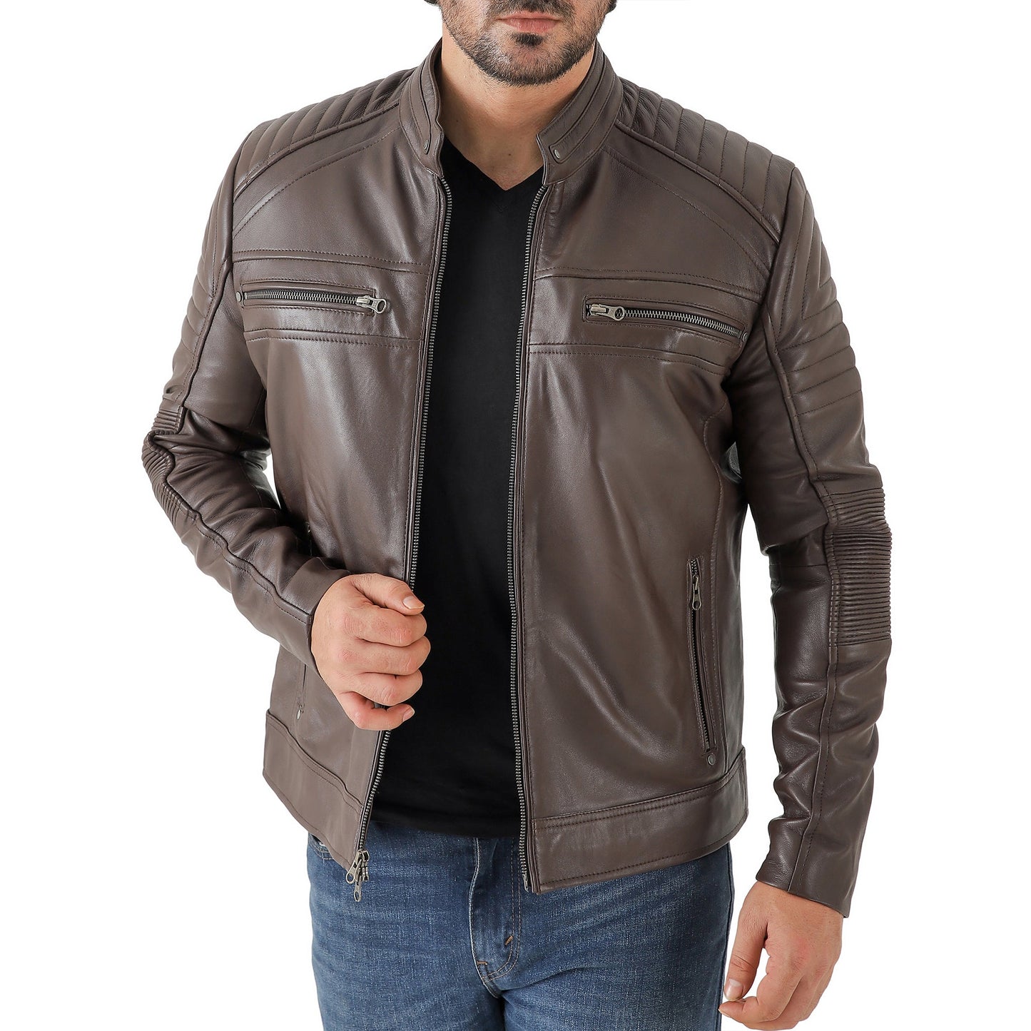 Jild Men's Cafe Racer Biker Leather Jacket