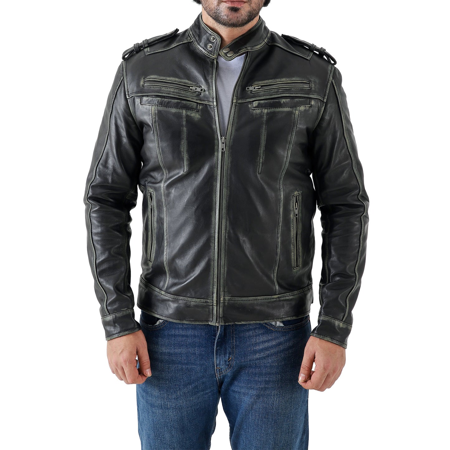 Men’s Waxed Leather Biker Jacket – Vintage Style with Shoulder Epaulettes