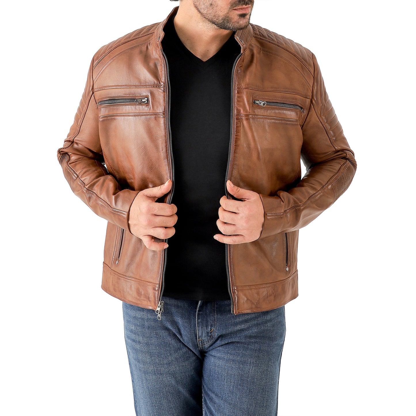 Jild Men's Cafe Racer Biker Leather Jacket