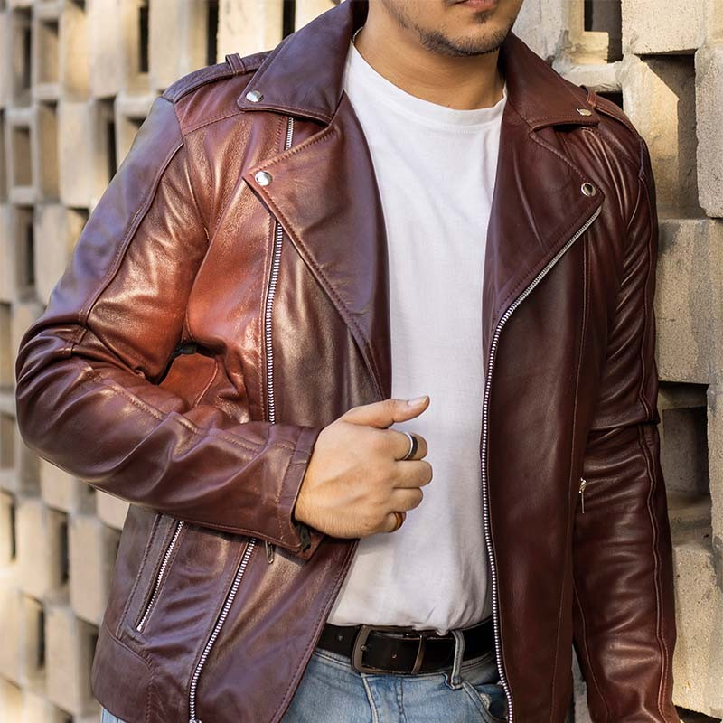 Biker Style Vintage Leather Jacket Men - Casual Fashion Asymmetric Zip-Up Cafe`Racer Waxed Lambskin Leather Motorcycle Jacket