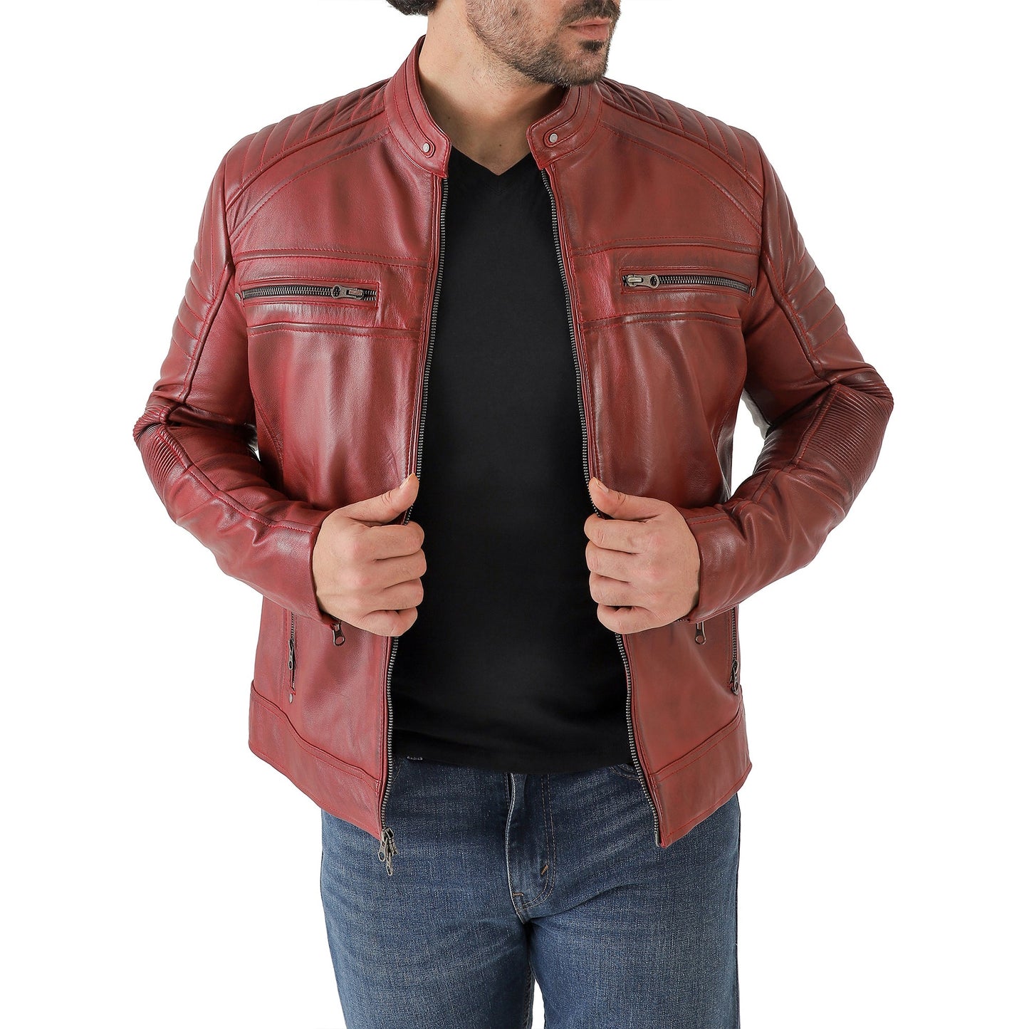 Jild Men's Cafe Racer Biker Leather Jacket