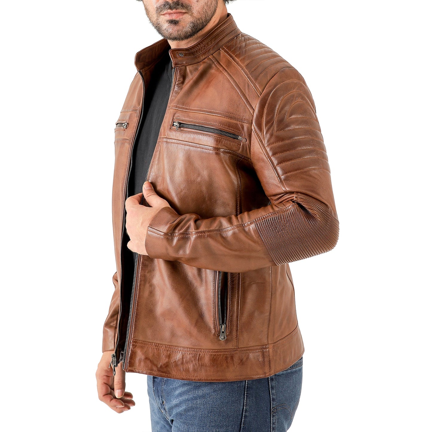 Jild Men's Cafe Racer Biker Leather Jacket