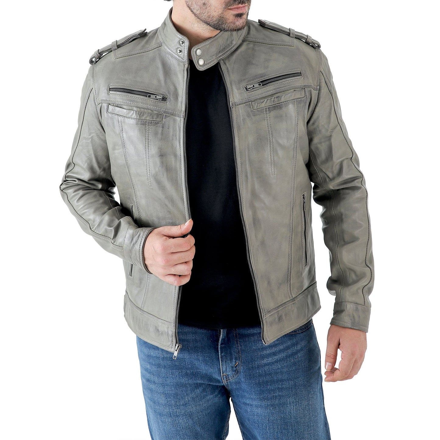 Men’s Waxed Leather Biker Jacket – Vintage Style with Shoulder Epaulettes