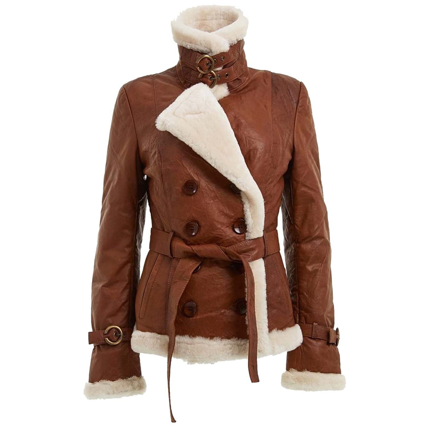 Women’s Tan Double Breasted Real Shearling Leather Jacket