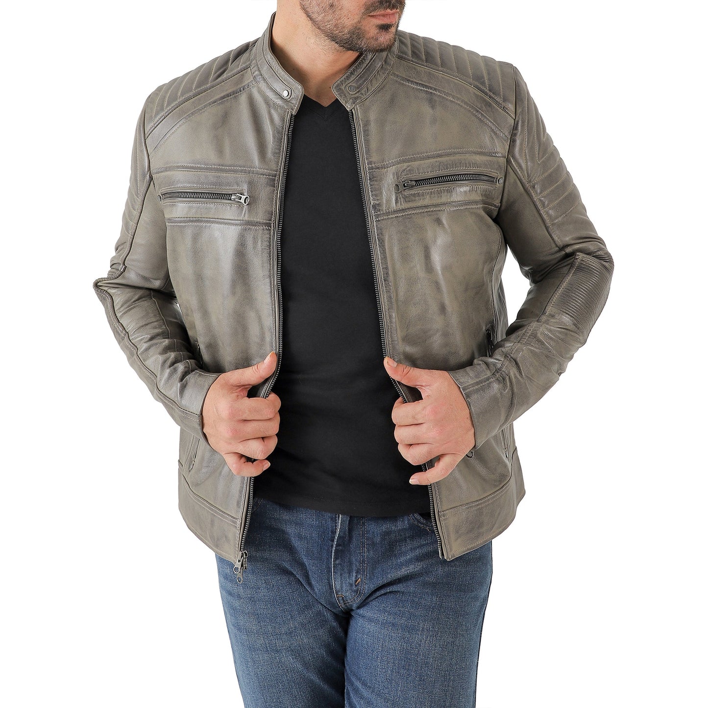 Jild Men's Cafe Racer Biker Leather Jacket