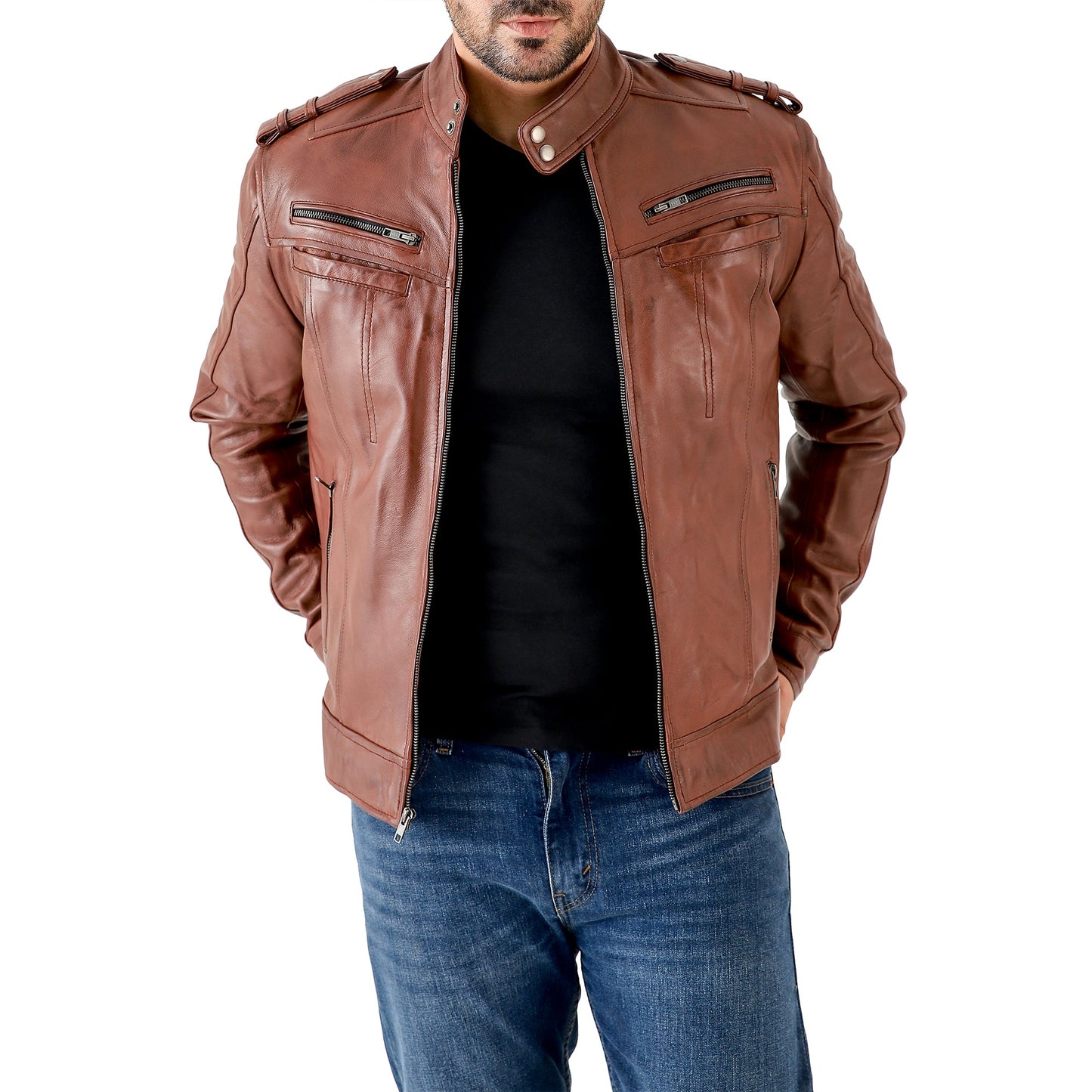 Men’s Waxed Leather Biker Jacket – Vintage Style with Shoulder Epaulettes
