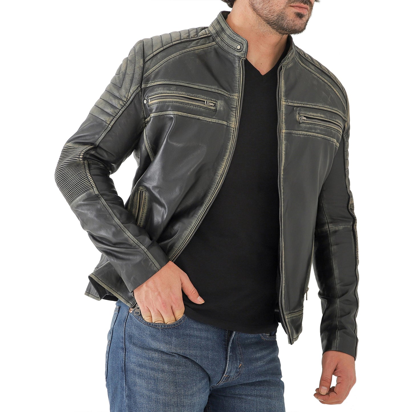 Jild Men's Cafe Racer Biker Leather Jacket
