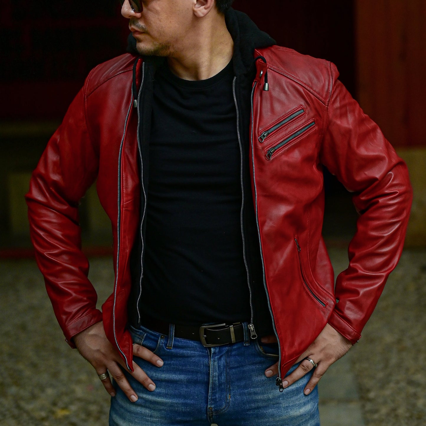 Jild Casual Hooded Vintage Leather Jacket Men with Removable Hood