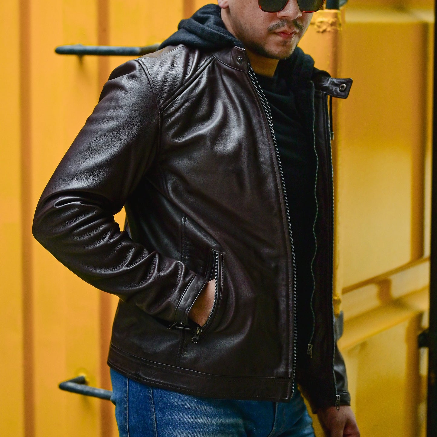 Jild Casual Hooded Vintage Leather Jacket Men with Removable Hood