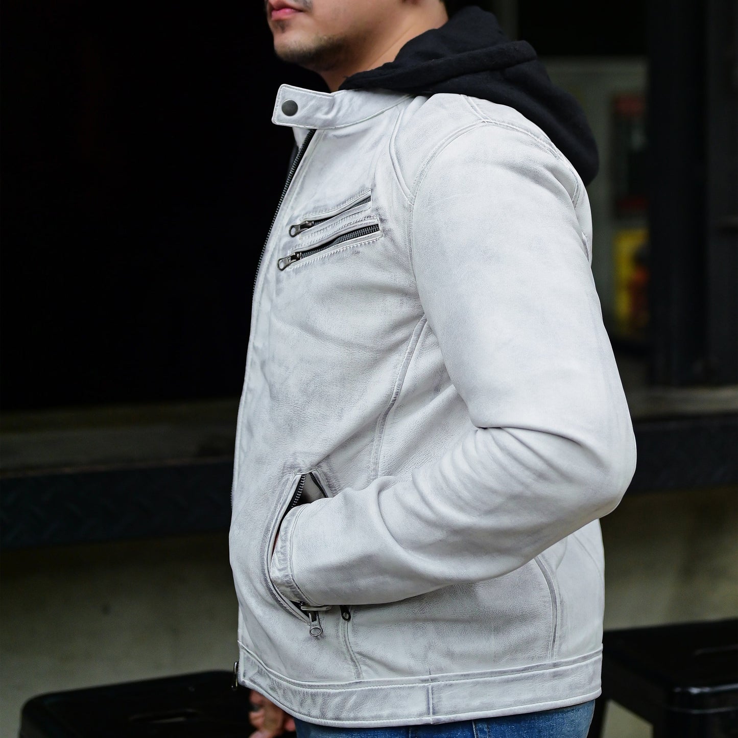 Jild Casual Hooded Vintage Leather Jacket Men with Removable Hood