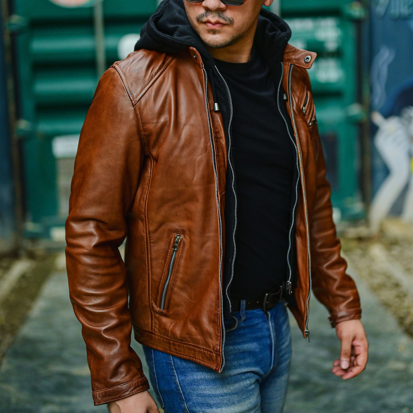 Jild Casual Hooded Vintage Leather Jacket Men with Removable Hood